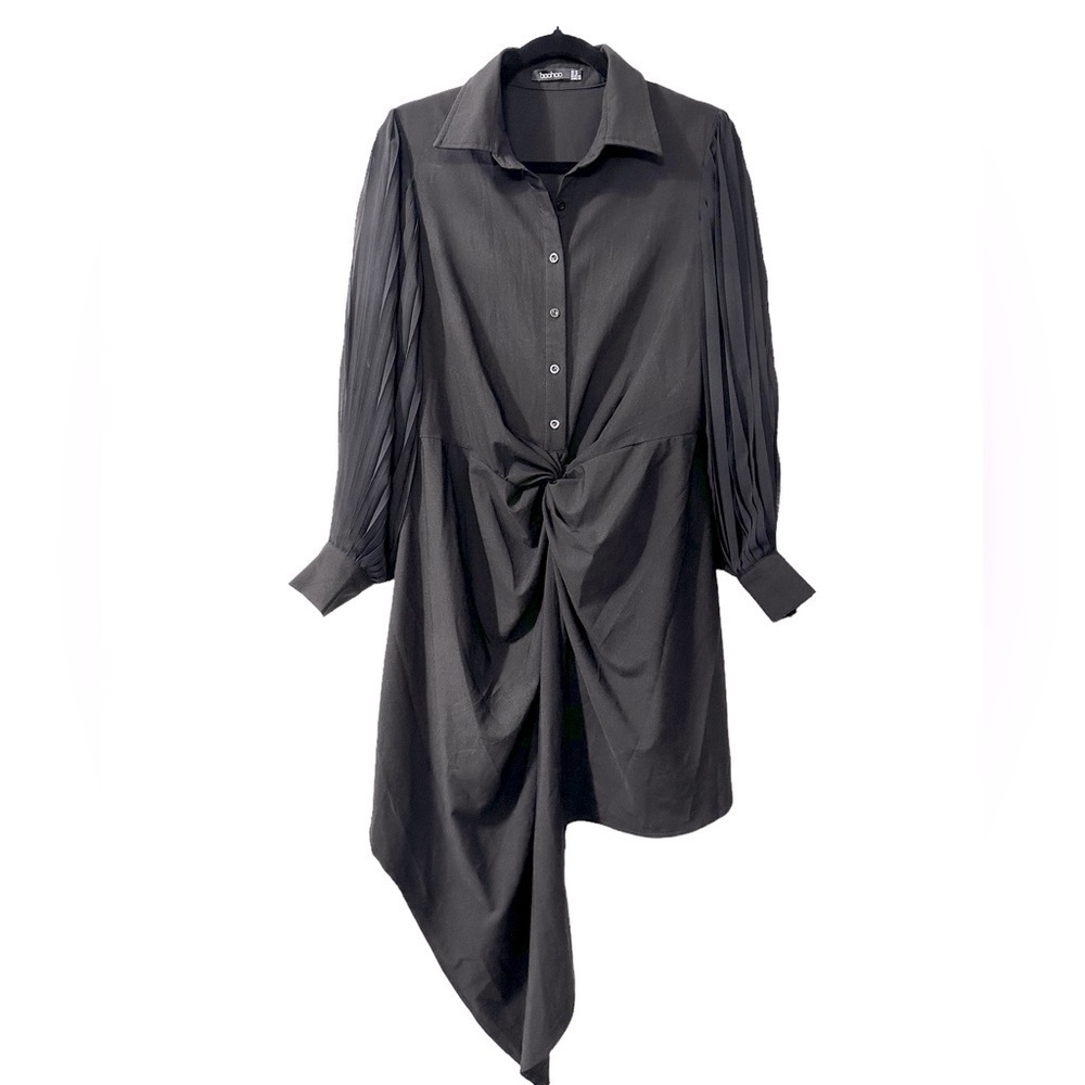Boohoo Assymetric Dress Size 10 Black Waist Knot Stretch Lined Chiffon City